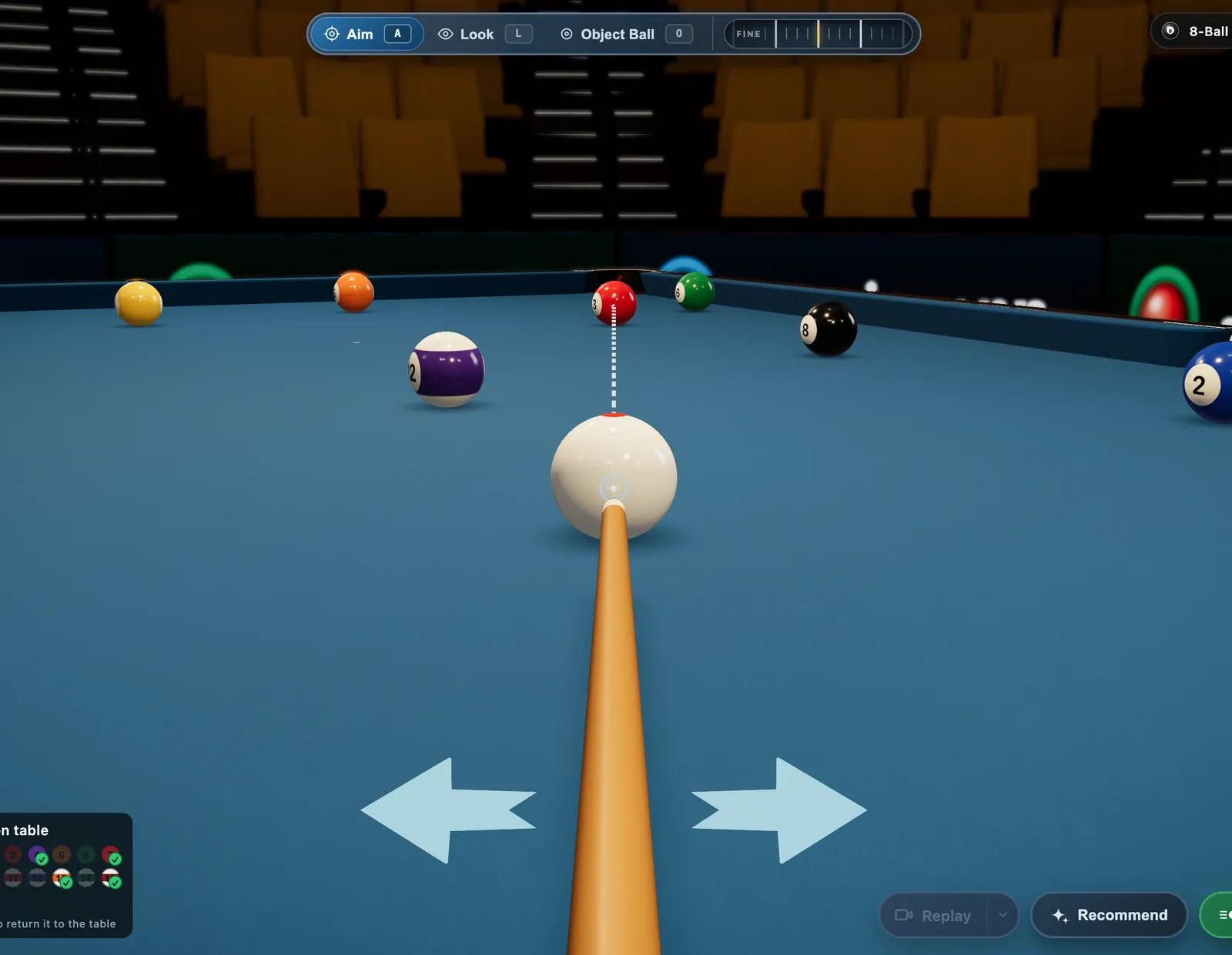 Aiming a pool shot in CueSim: drag the cloth to turn the cue, with the Aim, Look and fine-aim controls