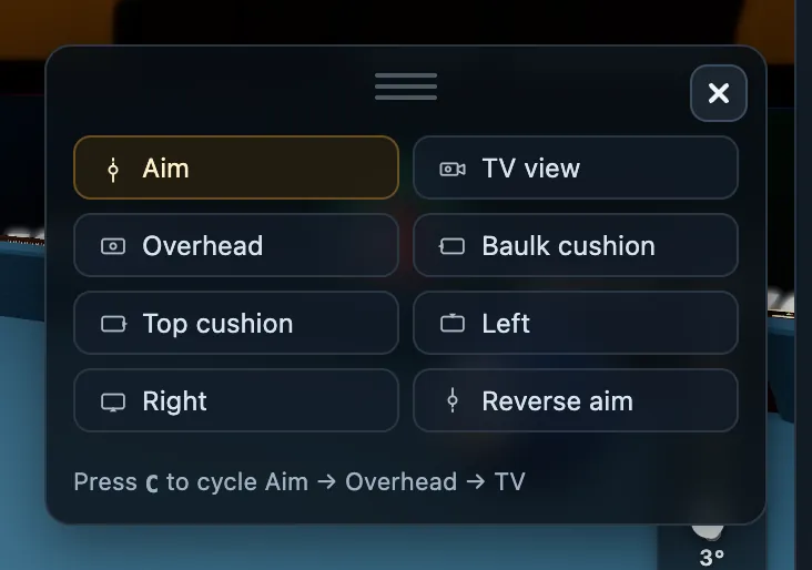 CueSim camera presets: Aim, TV, Overhead, the cushion views and Reverse aim