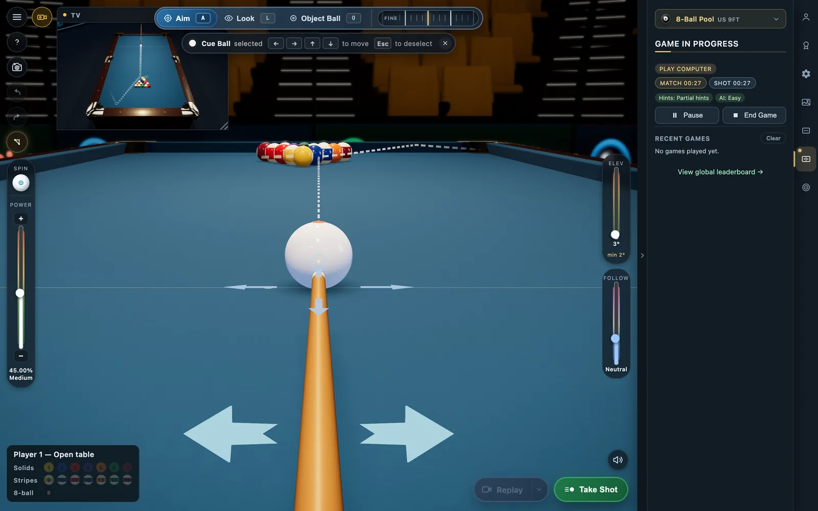 A rack of pool against the computer in CueSim, at the break