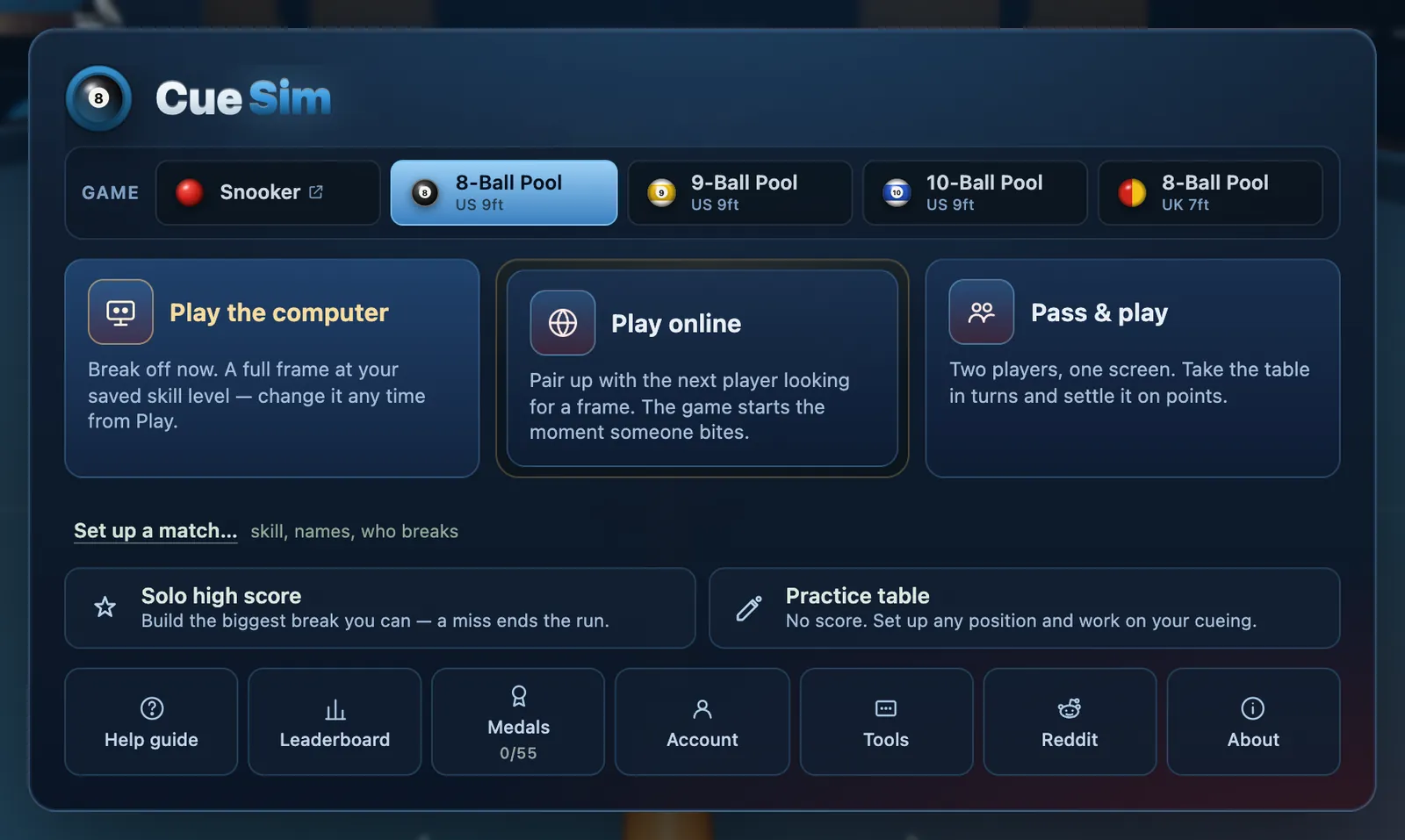 CueSim main menu: choose the game, set up a rack, and play solo, against the computer or in practice