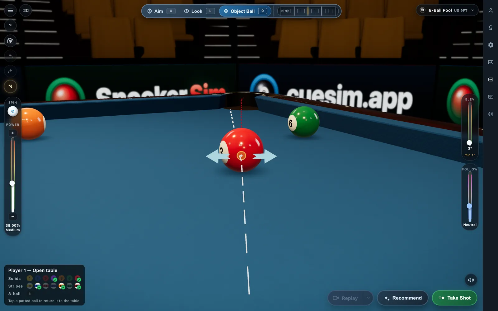 CueSim Object Ball view: picking the contact point on the object ball