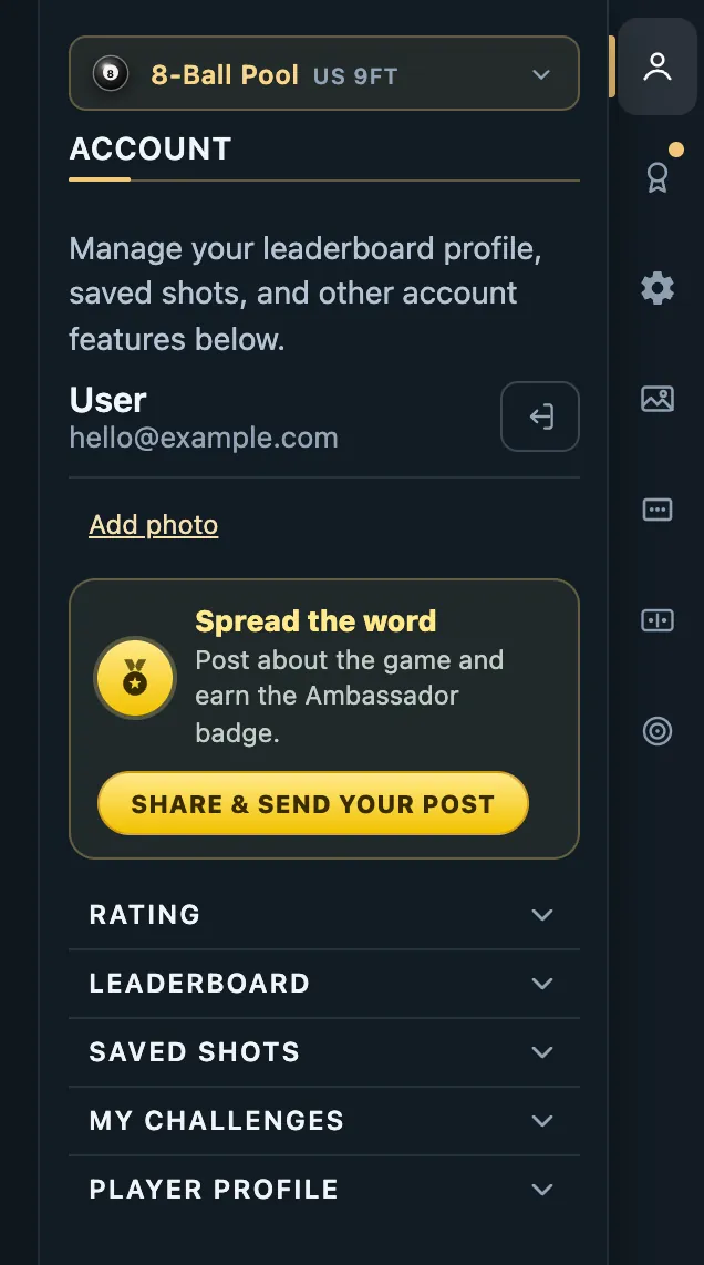 CueSim Account panel when signed in: profile photo, leaderboard, saved shots and player profile
