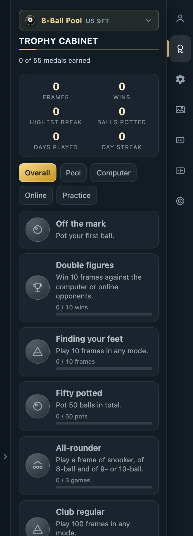 CueSim Medals panel: your playing record and the medals to unlock