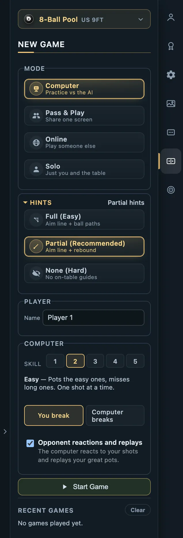 CueSim Play panel: game mode, hints, computer strength and recent games