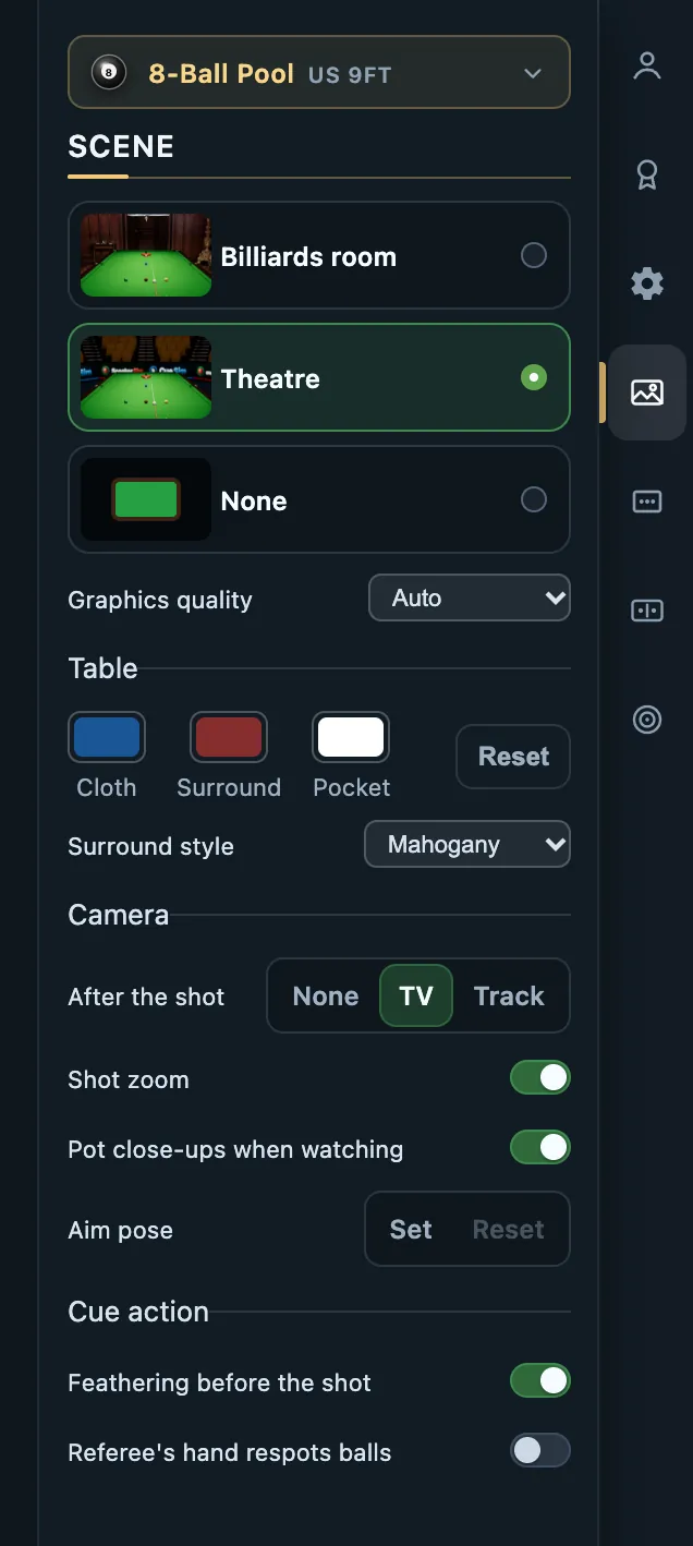 CueSim Scene panel: venue, graphics quality, table colours, camera and cue action