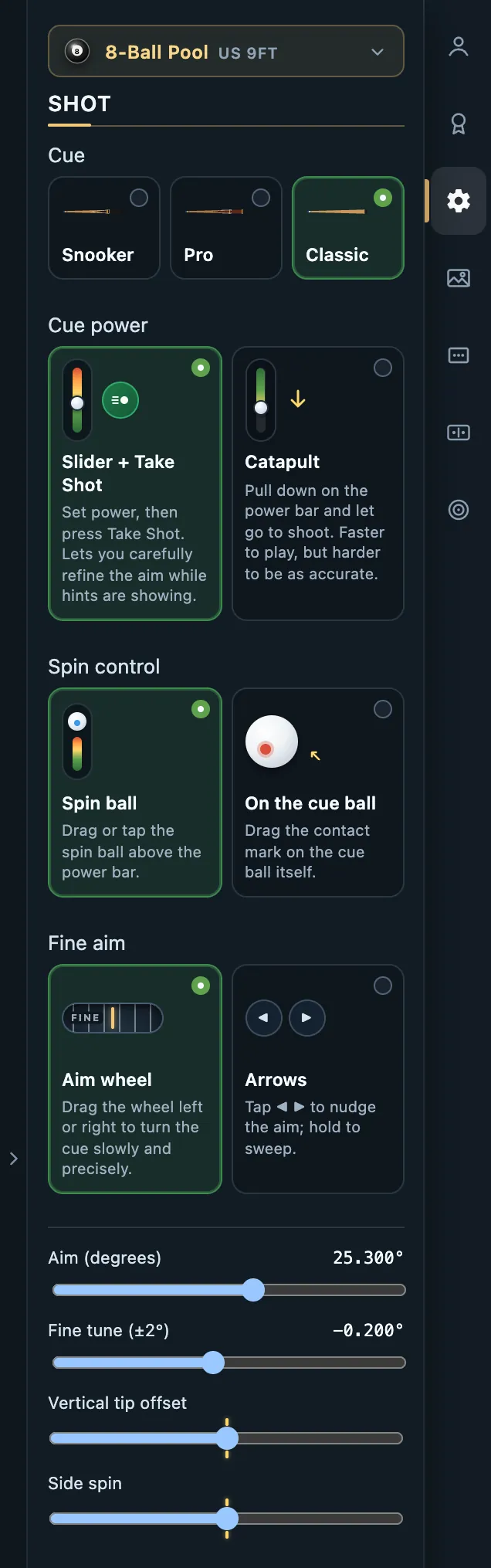 CueSim Shot panel: cue choice, power range, ball replacement and aim sliders