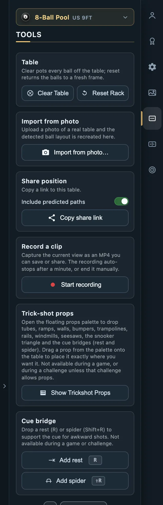 CueSim Tools panel: import a photo, share a position, record a video, trick-shot props and the rest