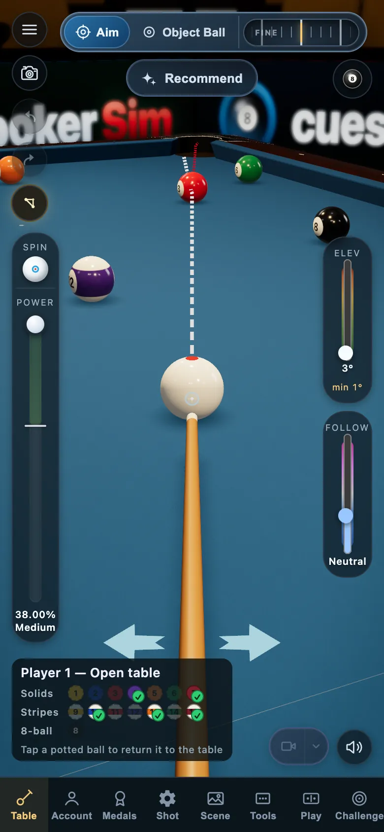 CueSim on a phone: the pool table with its touch controls numbered
