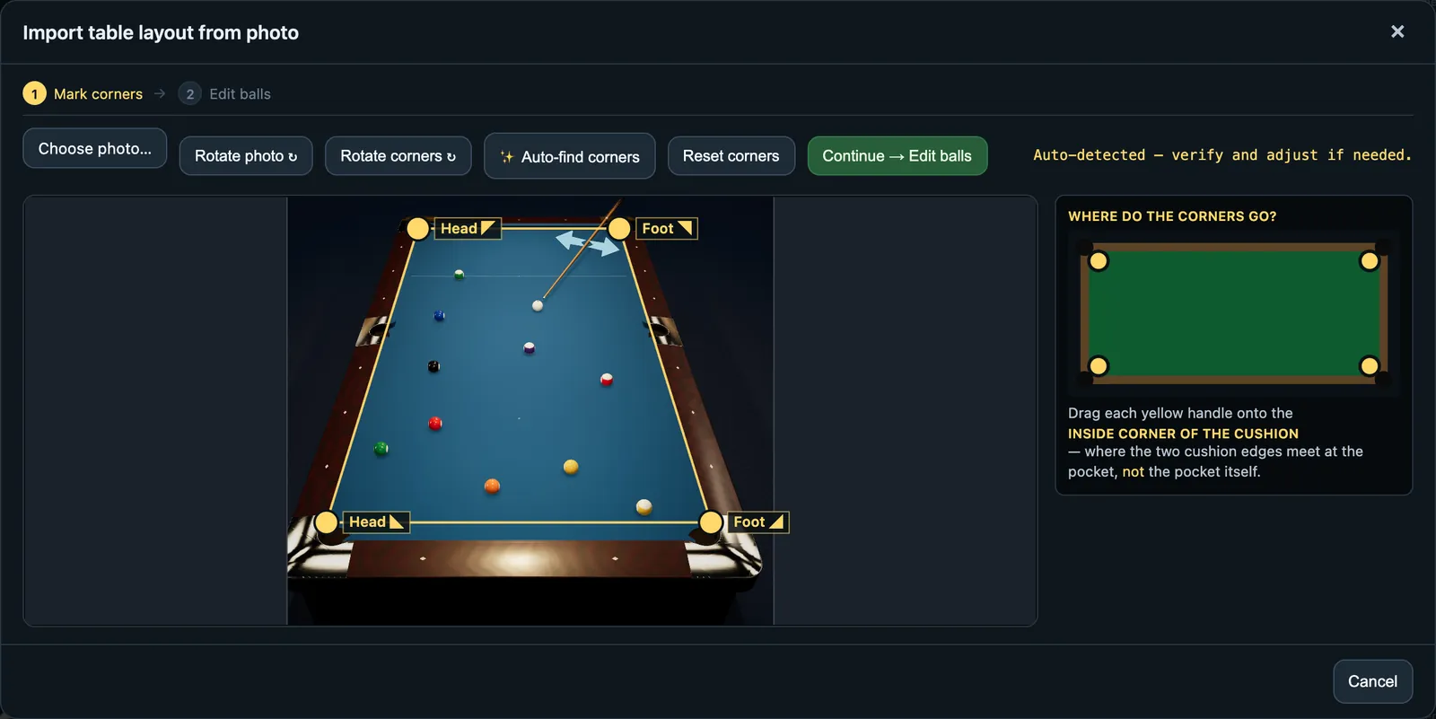 Importing a photo of a real pool table into CueSim, step 1: marking the table's corners