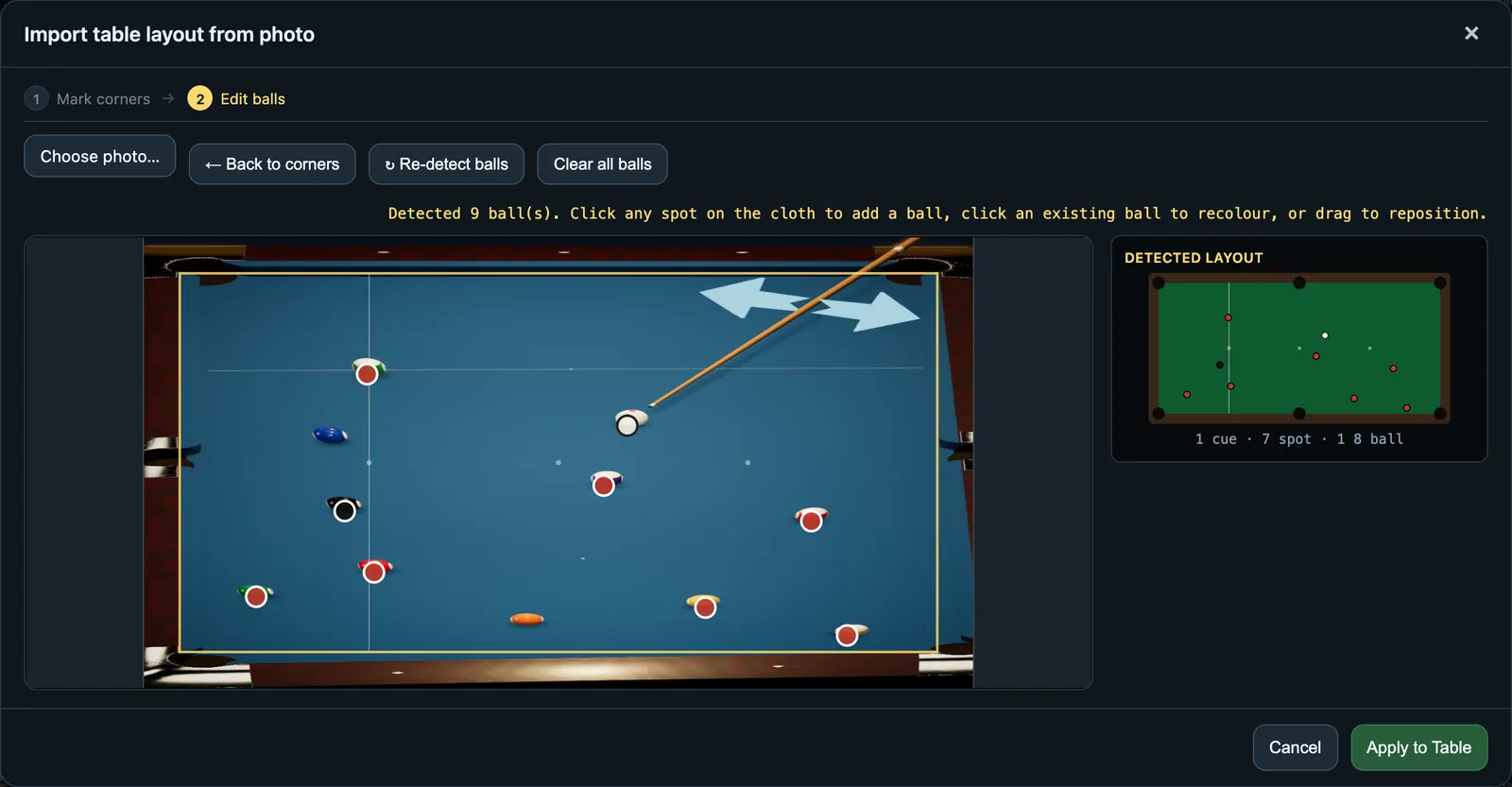 Importing a photo into CueSim, step 2: checking the detected balls before putting the layout on the table