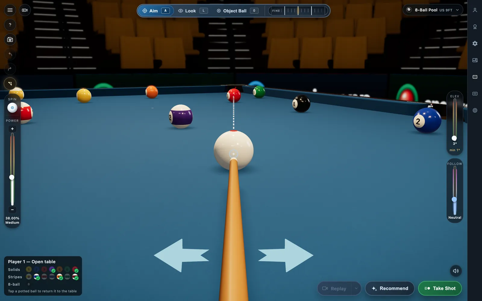 CueSim power slider and Take Shot button, for setting the strength of a pool shot