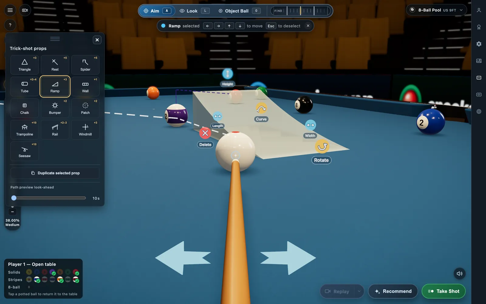 CueSim trick-shot props palette, with a ramp placed on the pool table