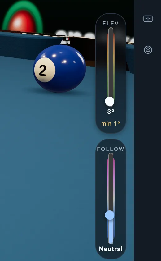 CueSim Elev and Follow sliders, for cue elevation and follow-through