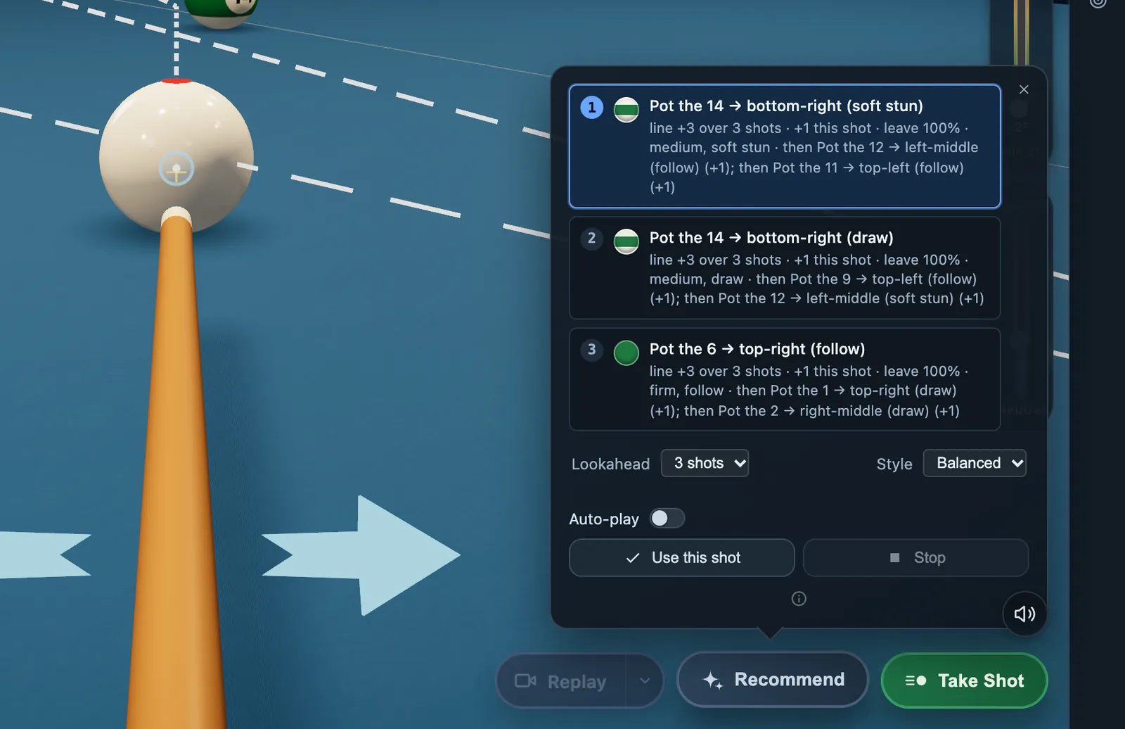 CueSim AI shot recommender, ranking the best pool shots from the position