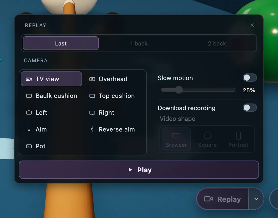 CueSim Replay menu: watch the last shot again from any camera, and record it