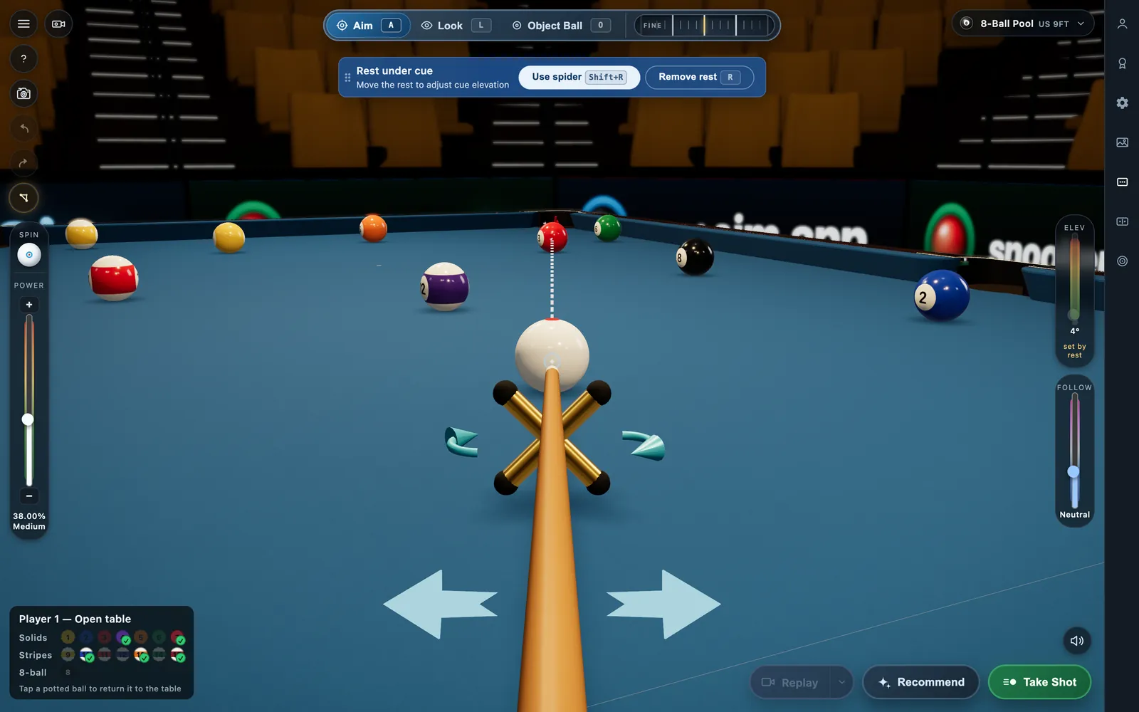 The rest on the pool table in CueSim, for reaching a distant cue ball