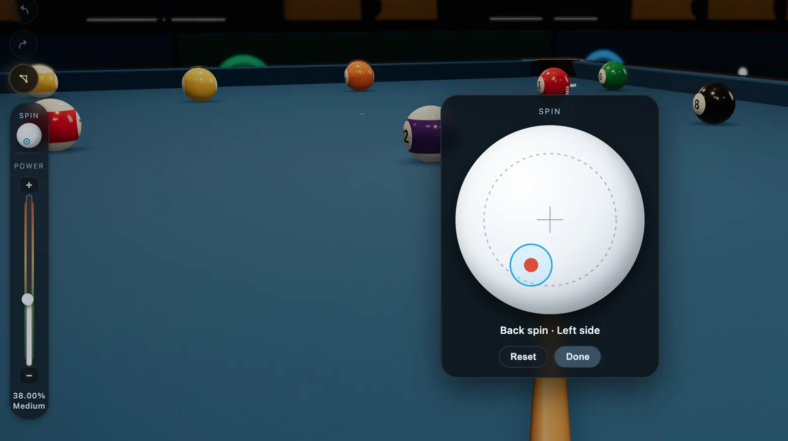 CueSim spin picker: choose where the cue tip strikes the cue ball for side, top or back spin