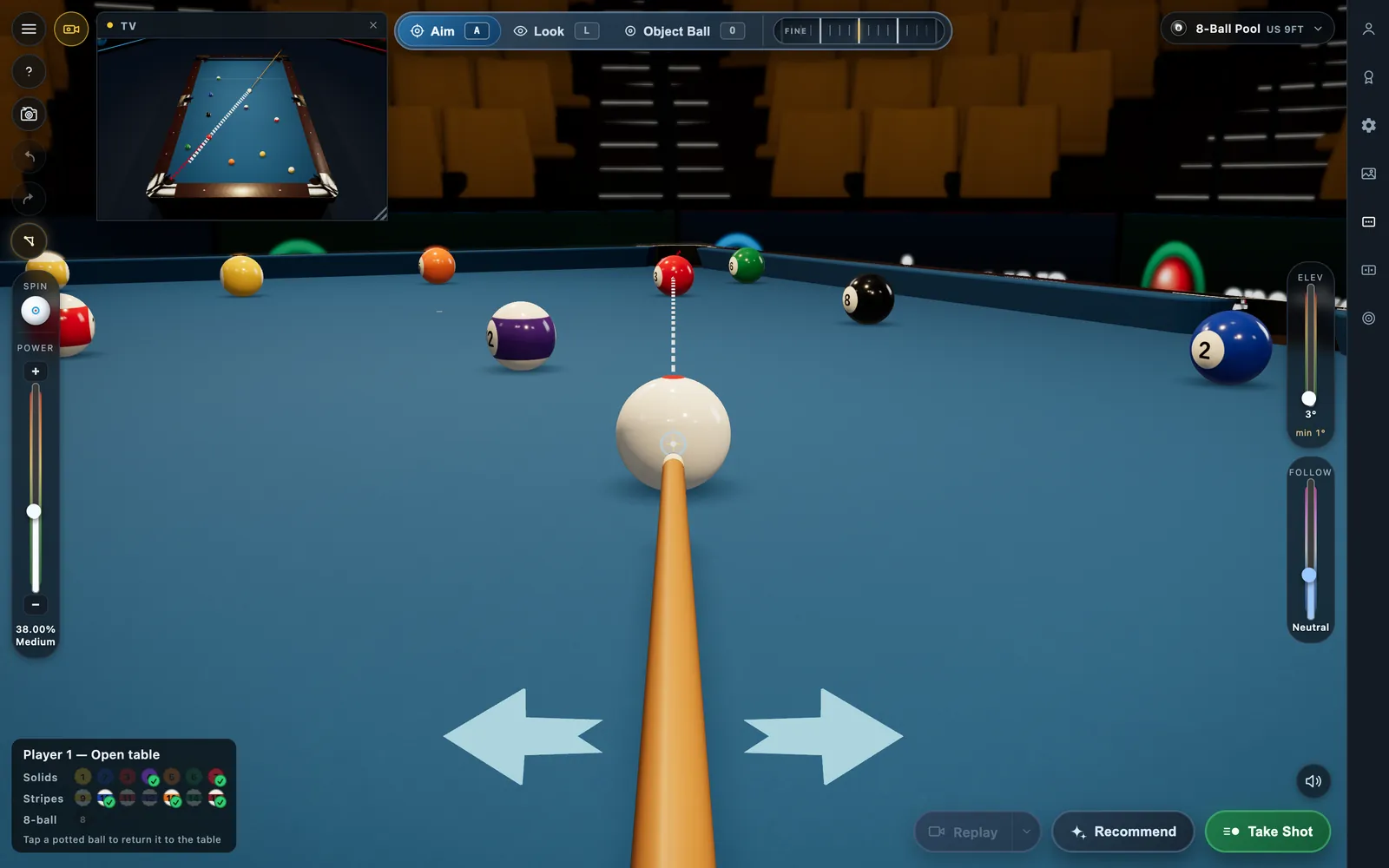 CueSim practice pool table on a computer, with the aim, spin, power and camera controls numbered