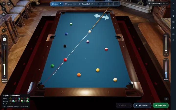CueSim pool table in the billiards room venue, from the TV camera