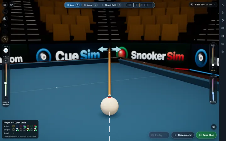 CueSim Reverse aim view, looking back down the line from the object ball