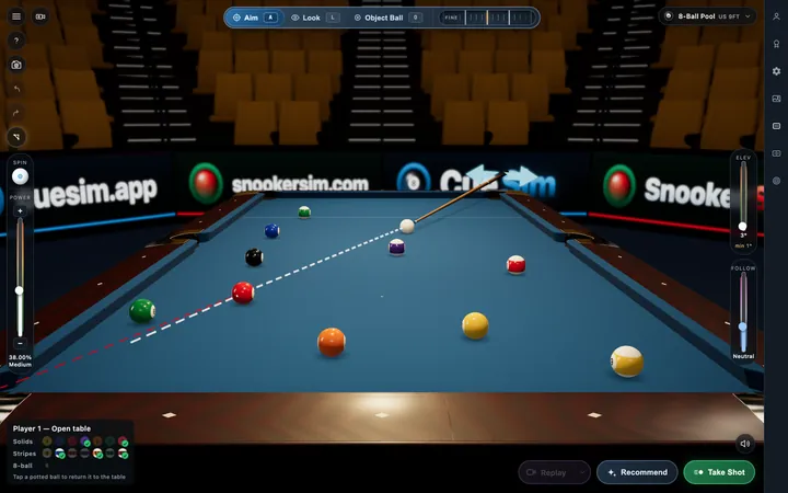 CueSim Top cushion view, looking down the pool table from the far end